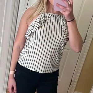 American Eagle Outfitters Black and White Striped Ruffle Tank Top